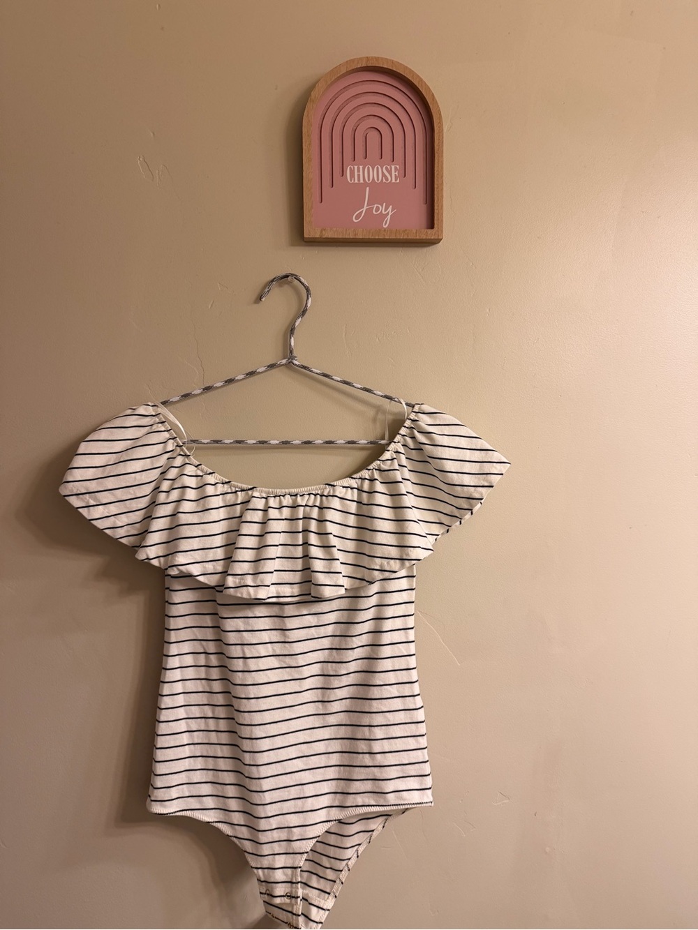 J. Crew White Bodysuit with Black Stripes and Ruffle Neckline